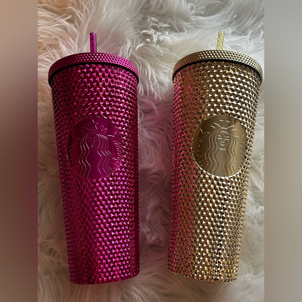 Star back 2022 holiday hot pink and gold cup tumbler